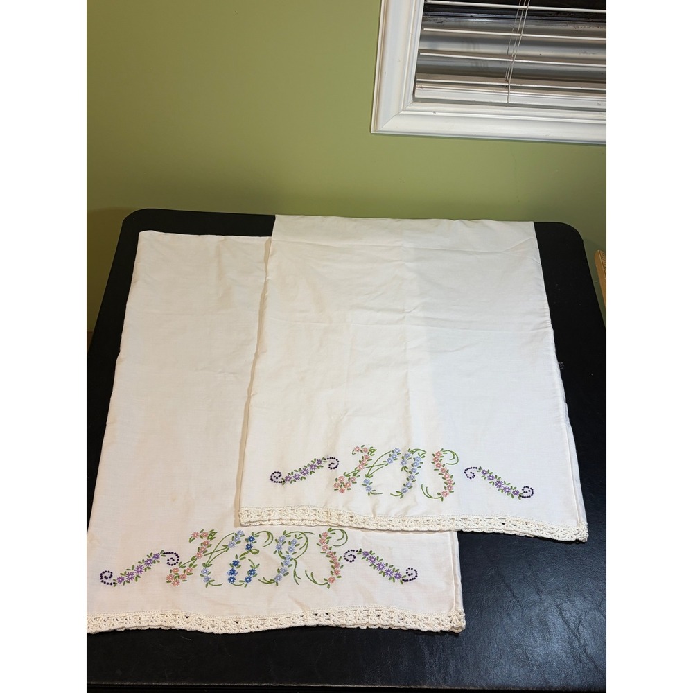 Vintage Hand Embroidered His & Hers Pillowcases White Crochet Lace Trim 28x20
